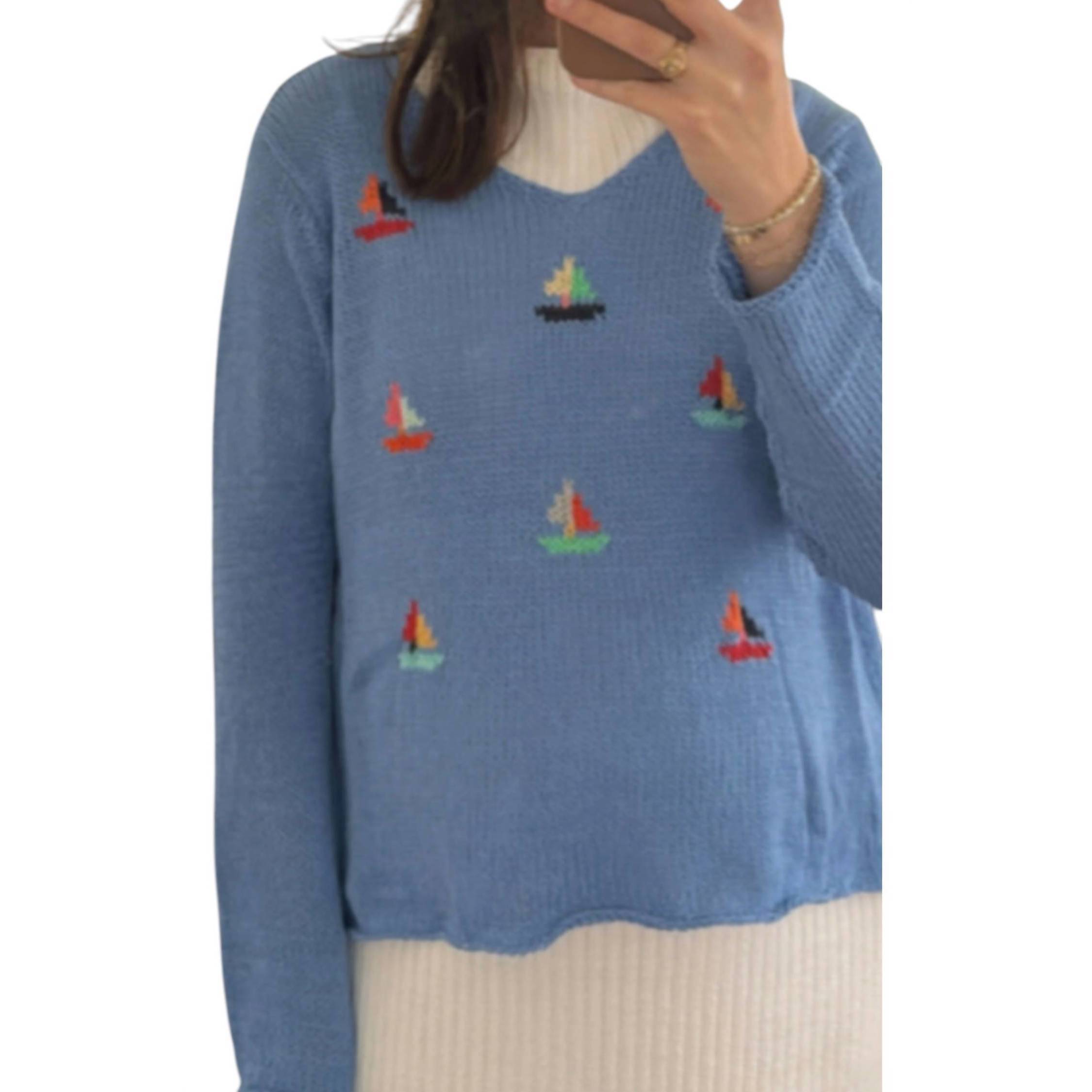 New Wooden Ships Mykanos Regatta V-Neck Cotton Sweater In Blue